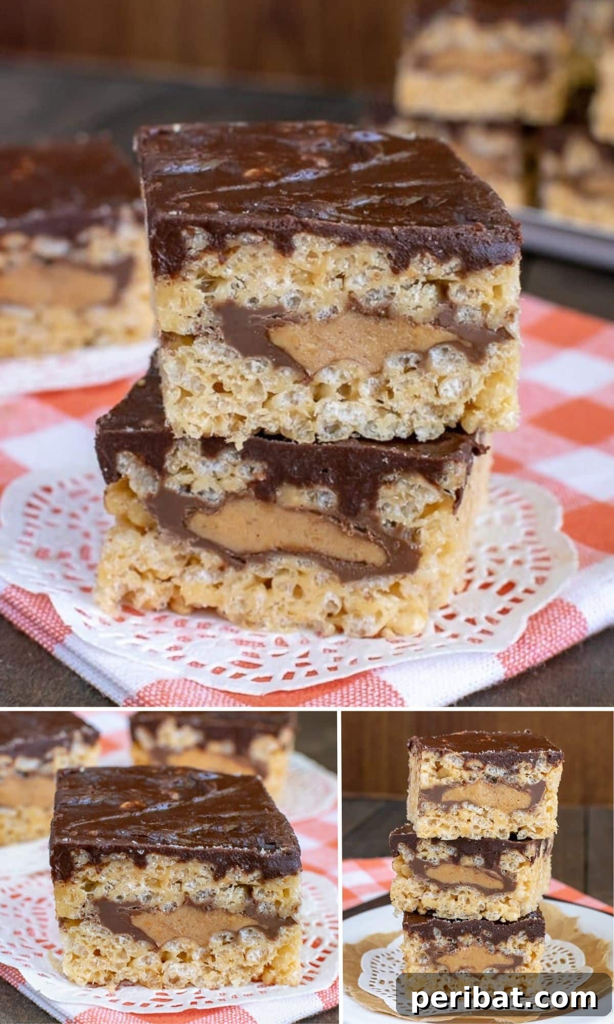 Layers of deliciousness in these Peanut Butter Cup Rice Krispie Treats, featuring Reese's cups.