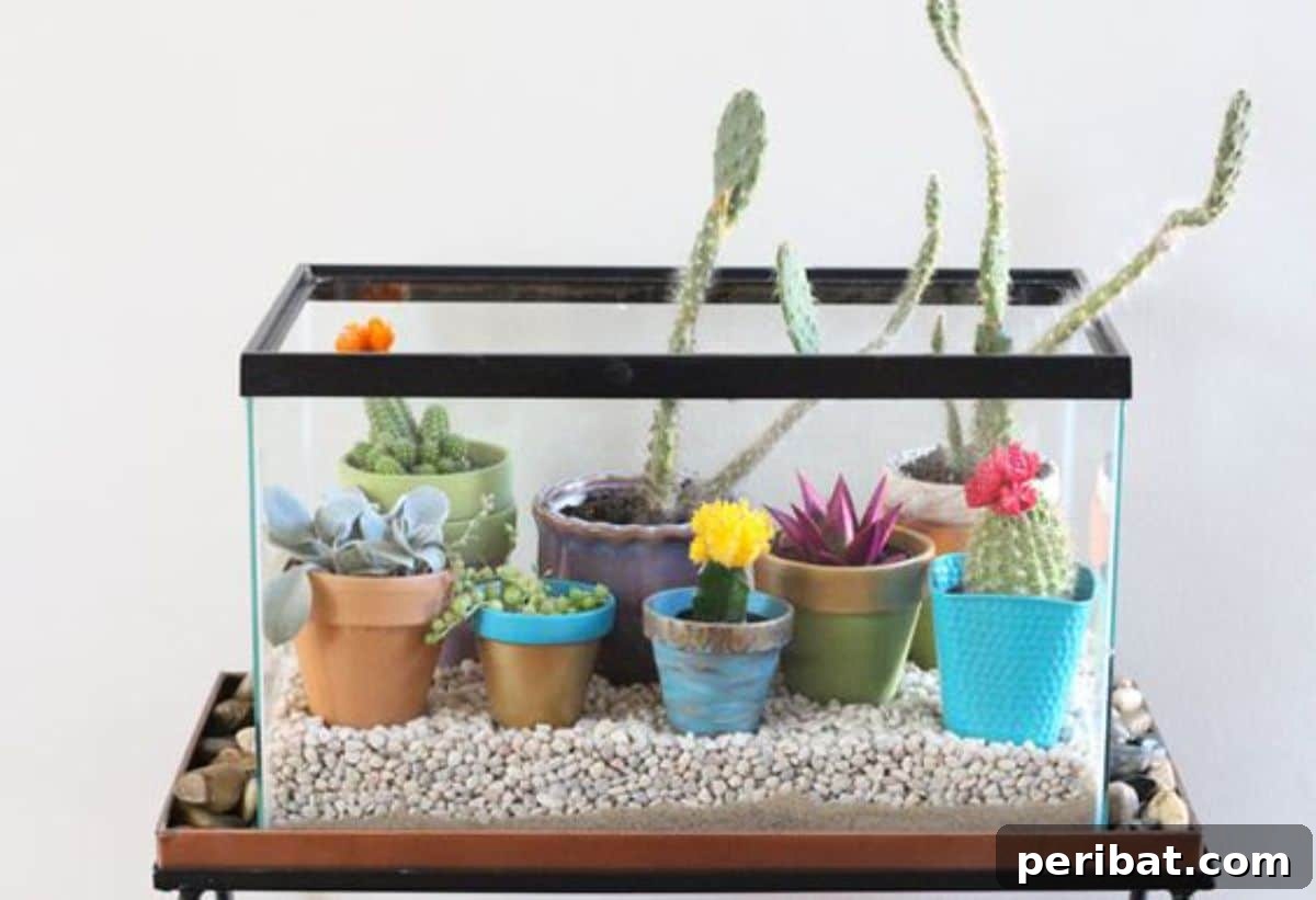 Colorful Cacti and Succulents in a Thrift Store Fish Tank