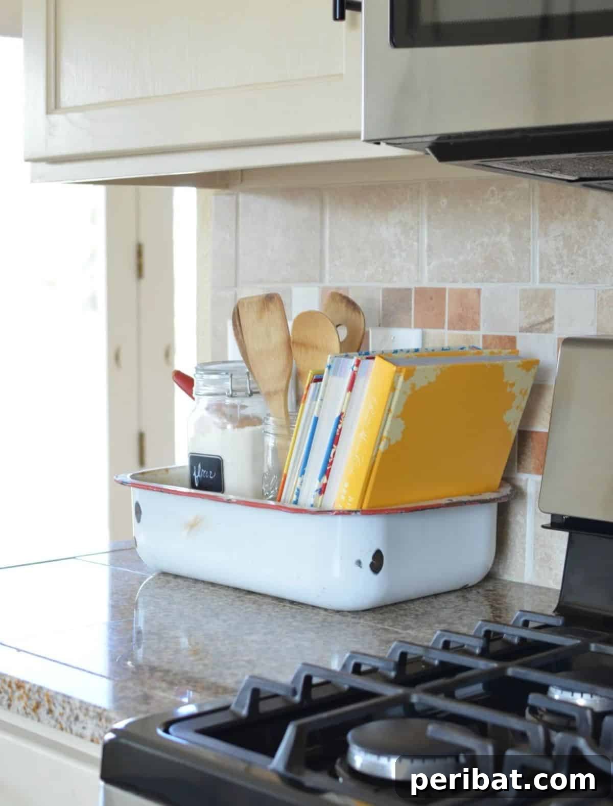 Old Wash Pan for Utensils and Cookbooks