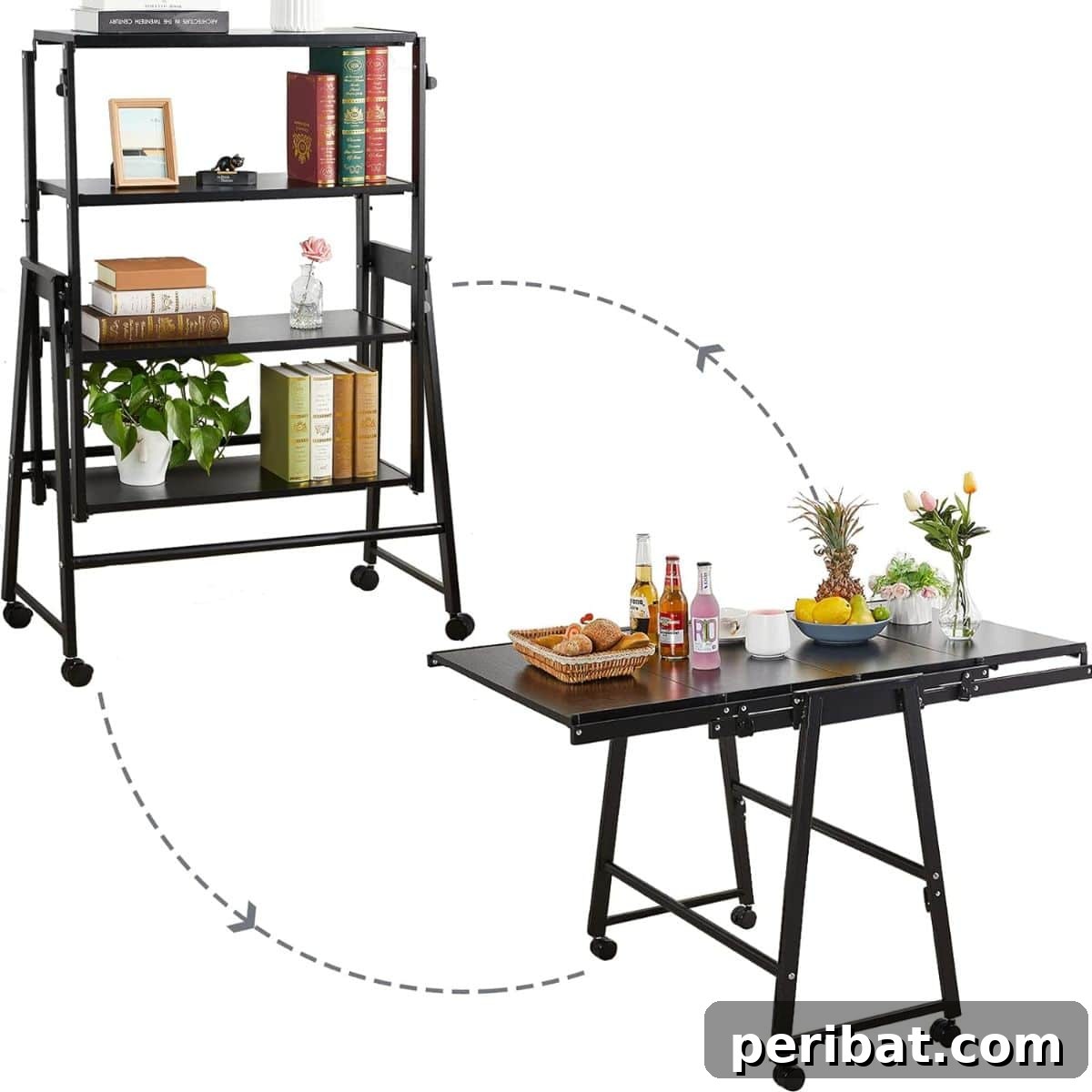 21 Transforming Shelves: Clever Designs for Dynamic Spaces 13 A versatile 2-in-1 convertible shelf that transforms into a portable table, featuring wheels for easy mobility.
