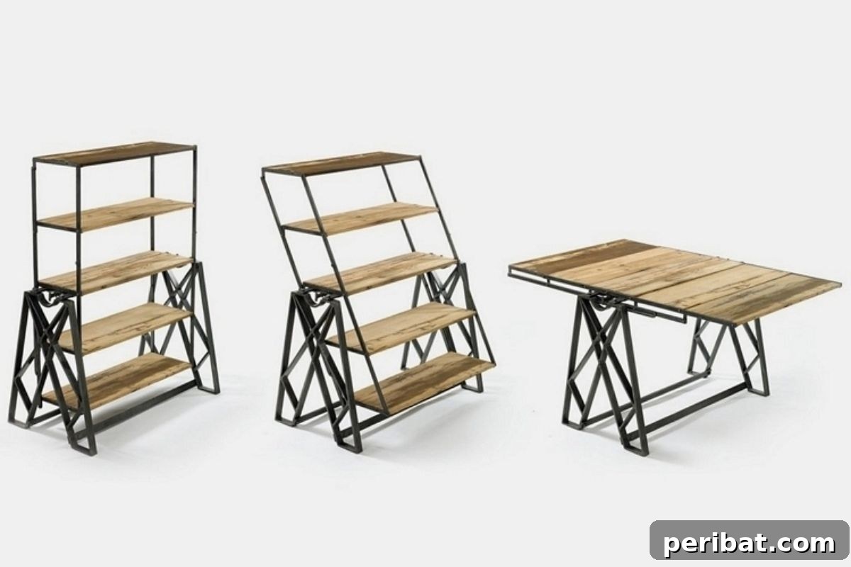 21 Transforming Shelves: Clever Designs for Dynamic Spaces 16 An innovative dining table that cleverly converts into a five-layer bookshelf, optimizing space for both dining and storage.