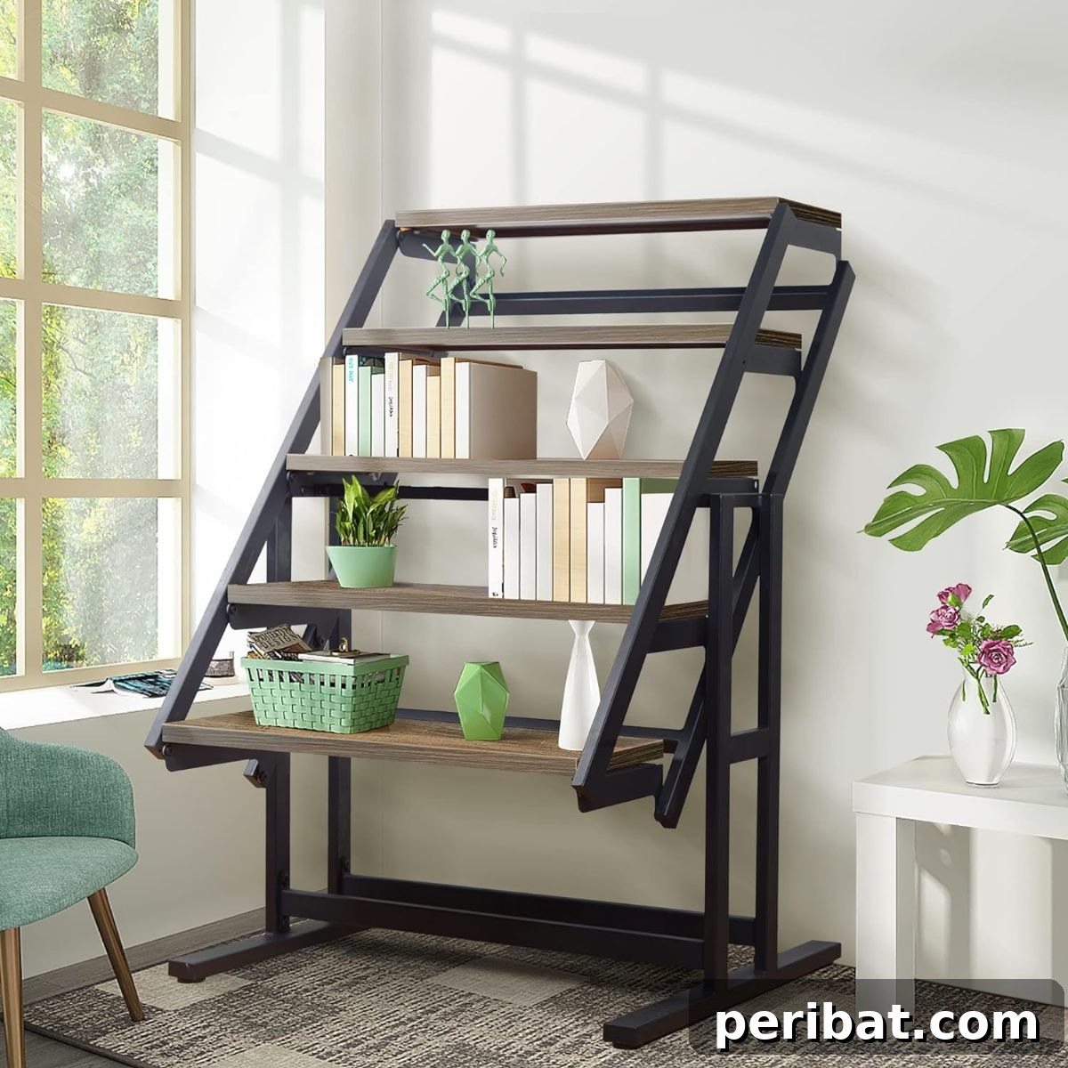 21 Transforming Shelves: Clever Designs for Dynamic Spaces 19 A highly efficient space-saving convertible shelf table effortlessly transforming from a compact shelf to a versatile table.