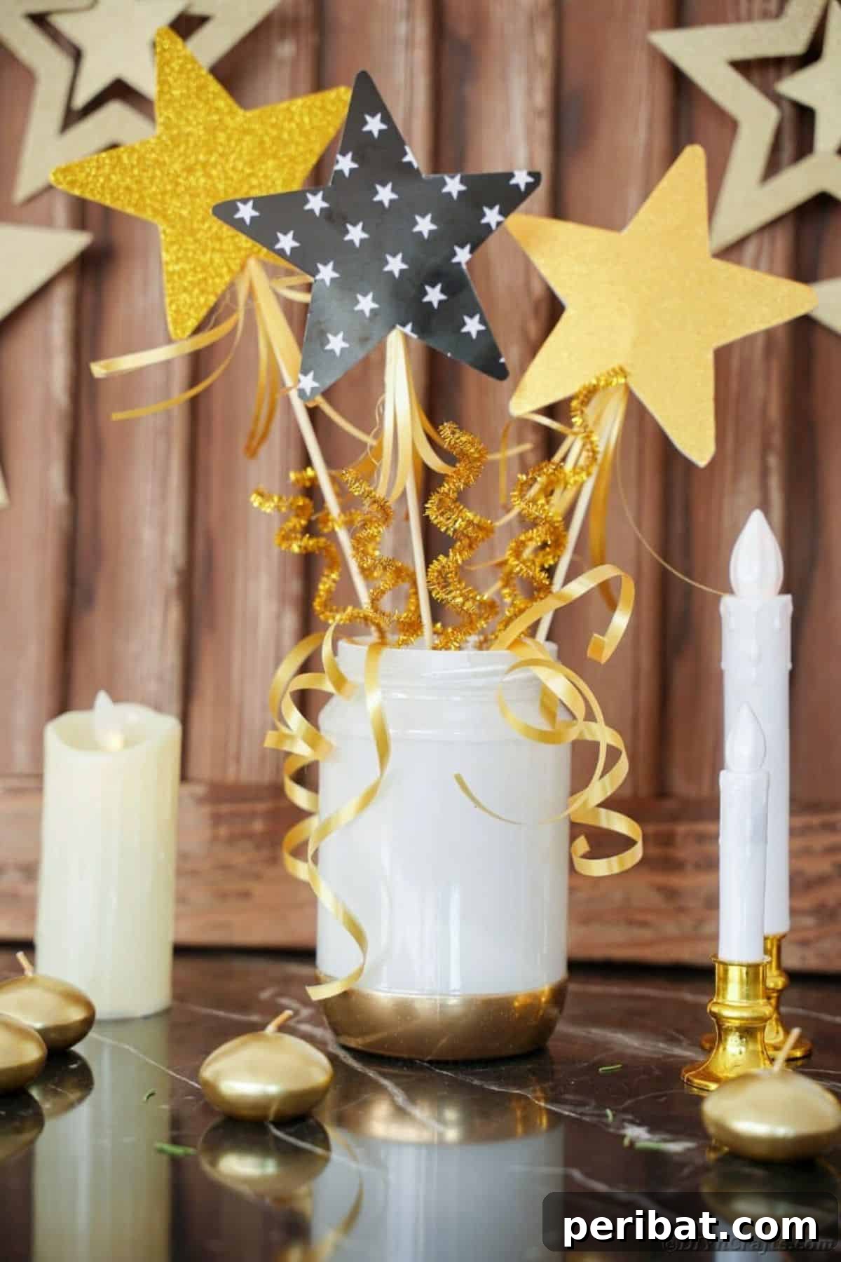 DIY shimmery two-toned upcycled mason jar centerpiece for festive birthday decor