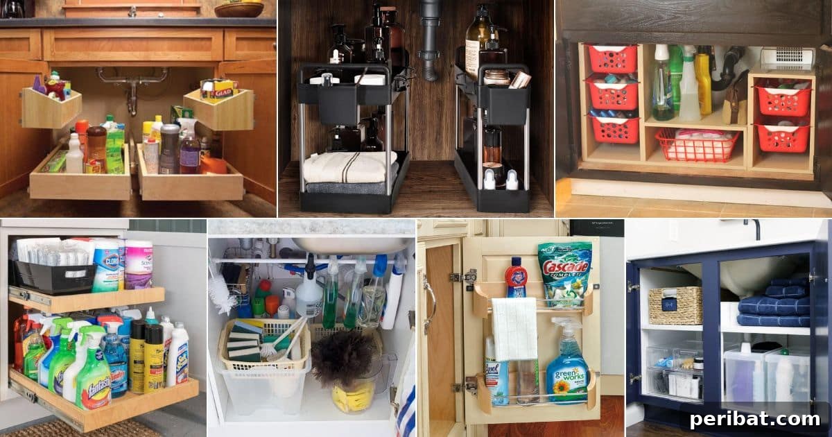 Under sink storage ideas and products for kitchen, bathroom, and laundry room organization. Organize cleaning supplies, toiletries, and kitchen essentials effectively.