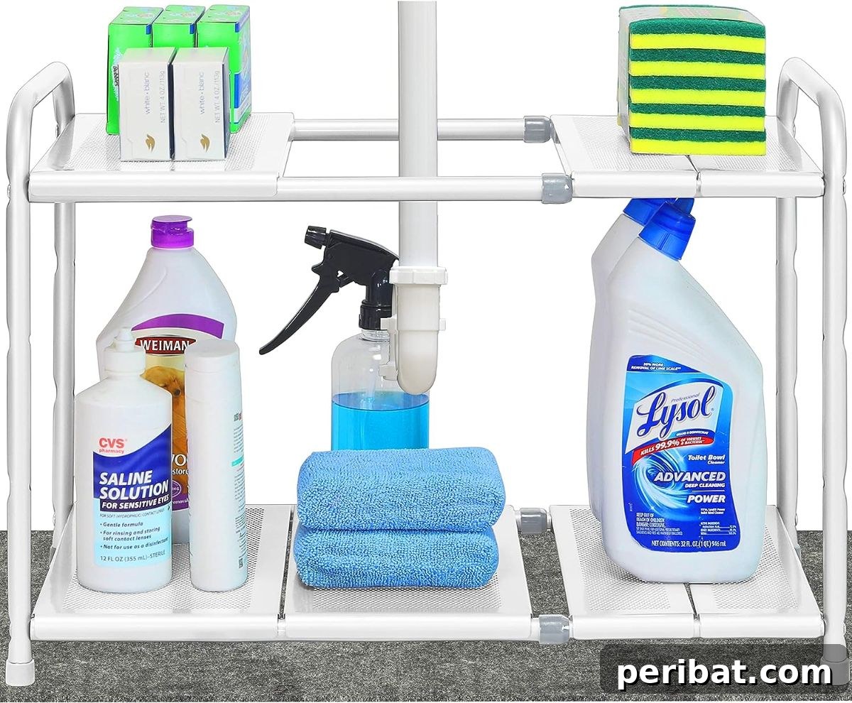 Expandable Under Sink Shelves, adjustable in height and width to fit various items and cabinet sizes, perfect for small and large spaces.