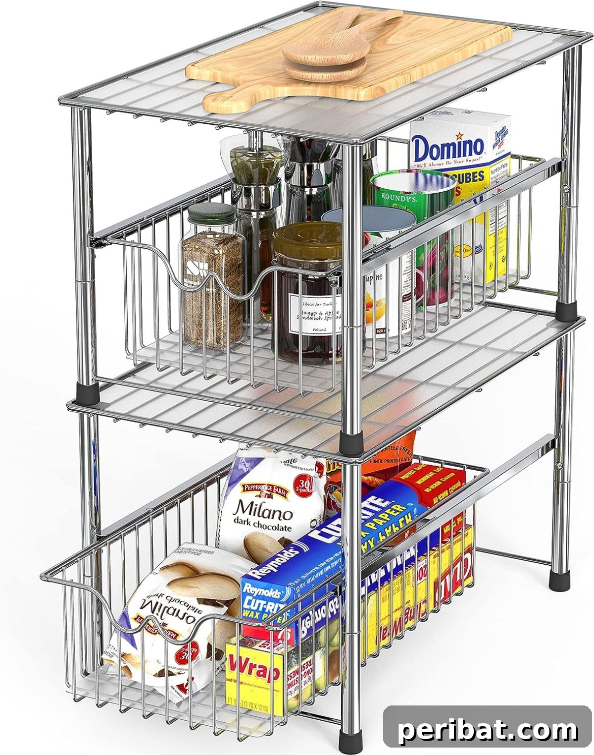 Stackable Sliding Basket Organizer for maximizing vertical space and ensuring easy access to stored items under the sink.