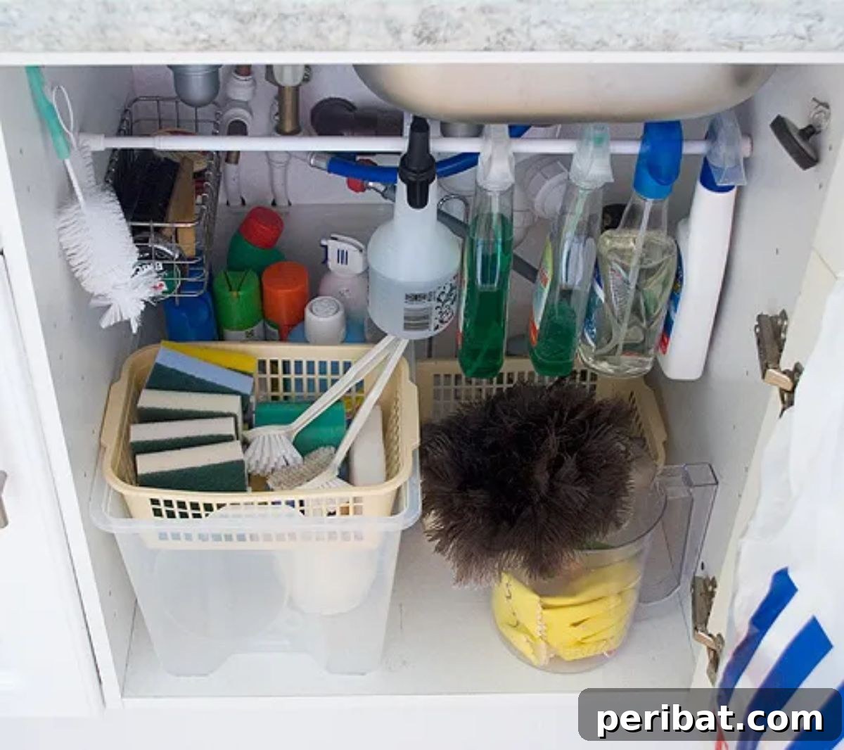 DIY Tension Rod for Spray Bottles, showing how to hang cleaning products under the sink to save space and organize efficiently.