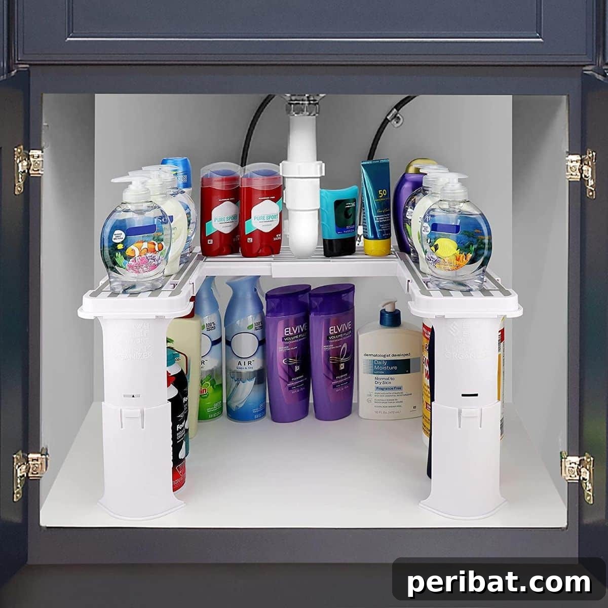 Expandable Under Sink Organizer and Storage, a 3D-expandable shelving system adaptable to any under-sink architecture for cleaning agents and toilet paper.