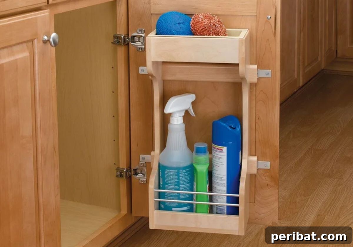 Over-the-Door Organizer for housing quick-grab items like paper towels and cleaning agents on the back of the sink cabinet door.
