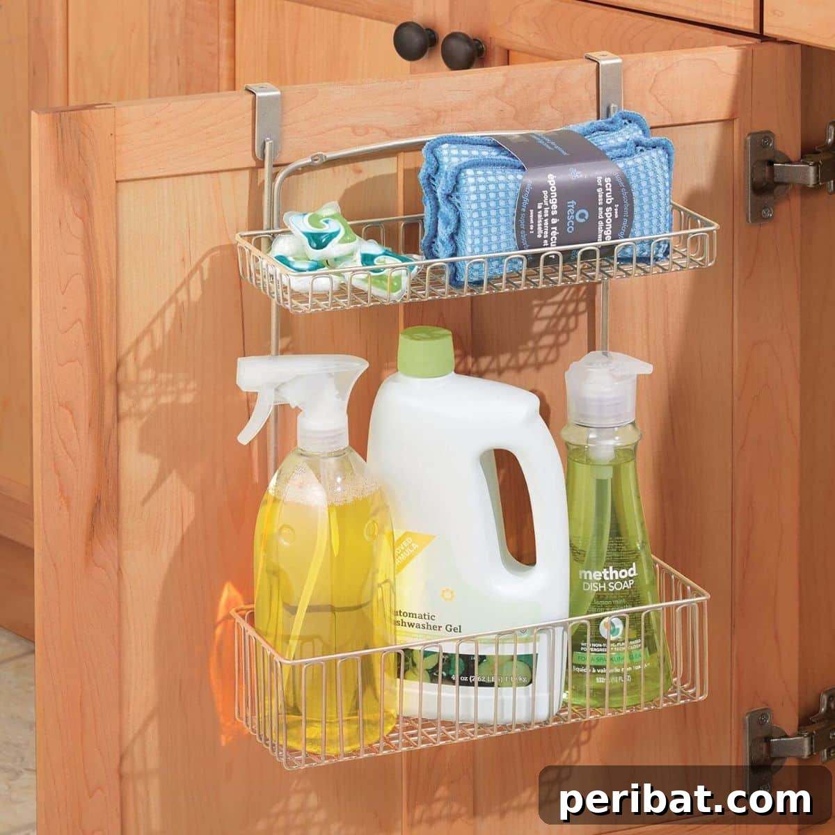 mDesign Over-Cabinet Storage Basket for quick and easy access to frequently used items, enhancing under-sink organization.