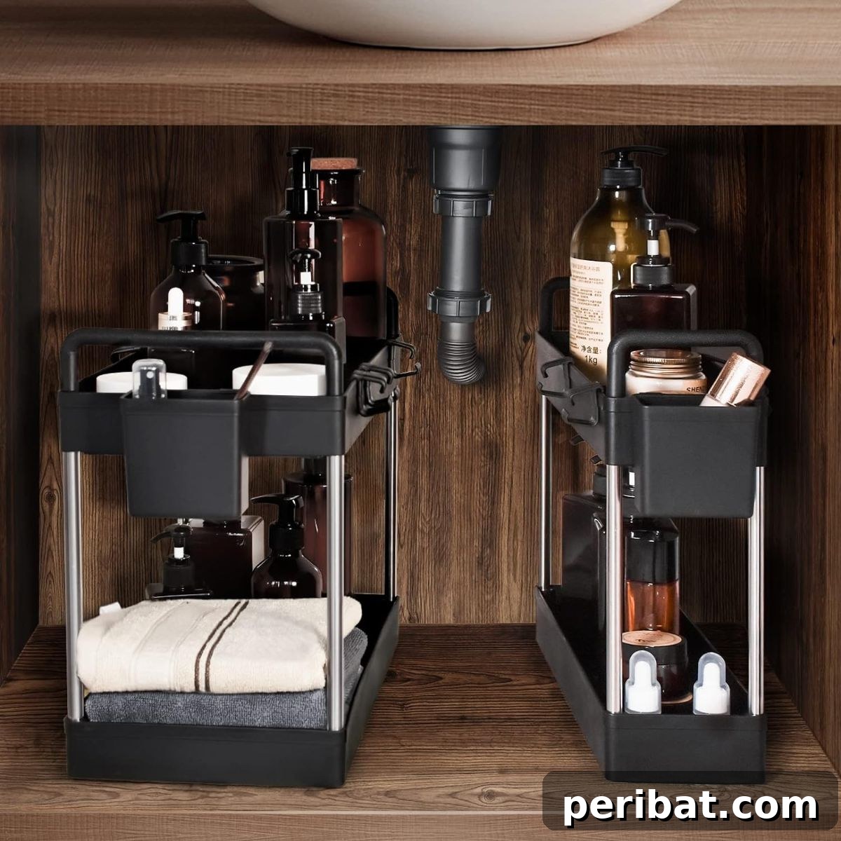 Caphont Under-Sink Shelf, a compact double-tiered unit with hanging cups and hooks for versatile vertical storage.