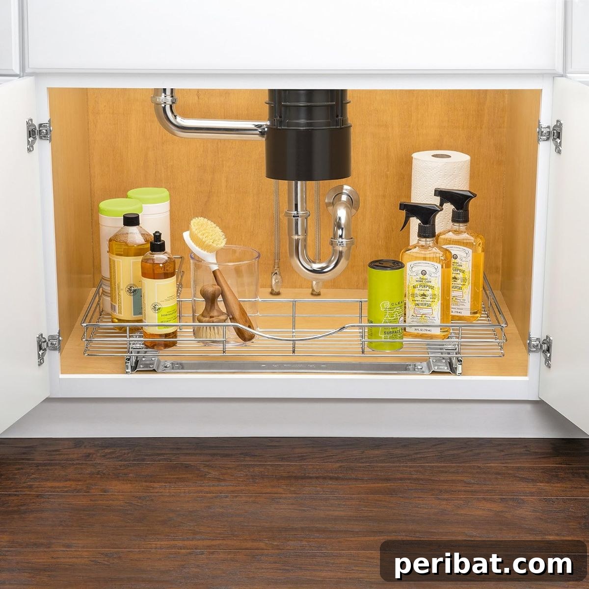 U-Shaped Slide Out Shelf designed to bring stored items closer, eliminating bending and straining under the sink.
