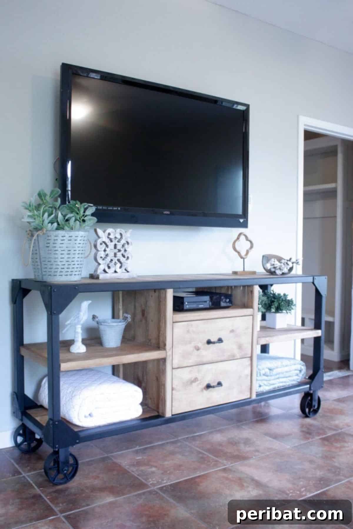 Factory Flair: 48 DIY Industrial Decor Projects 29 DIY Media Console