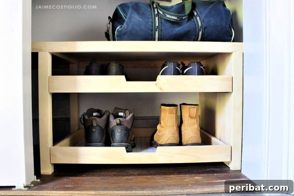 DIY Closet Shoe Trays with pegboard bottoms for easy cleaning