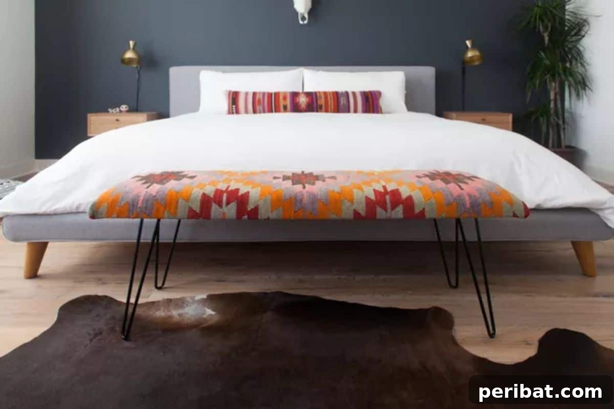 47 Stylish DIY Projects to Modernize Your Home 42 DIY Kilim Rug Modern Bench. Colorful accent for neutral spaces.