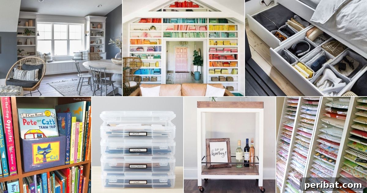 Organized scrapbook papers and finished albums stored neatly, featuring various DIY and product solutions.