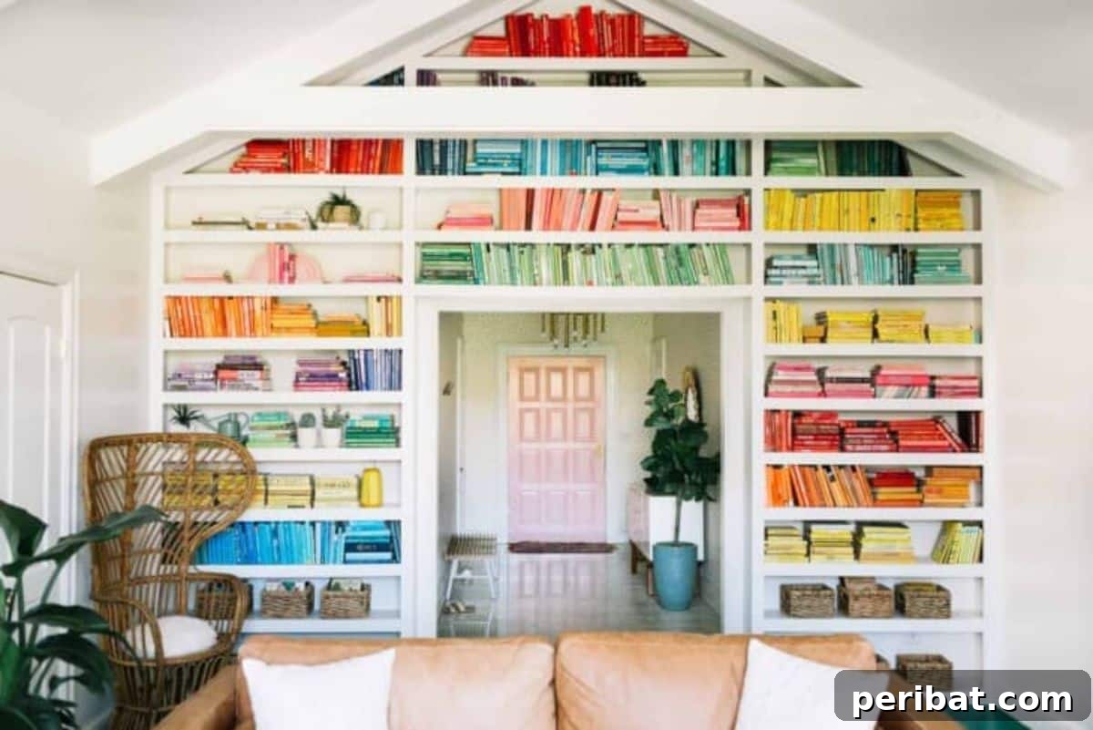 Bookshelves organized by color, creating a rainbow effect, perfect for decorative storage.