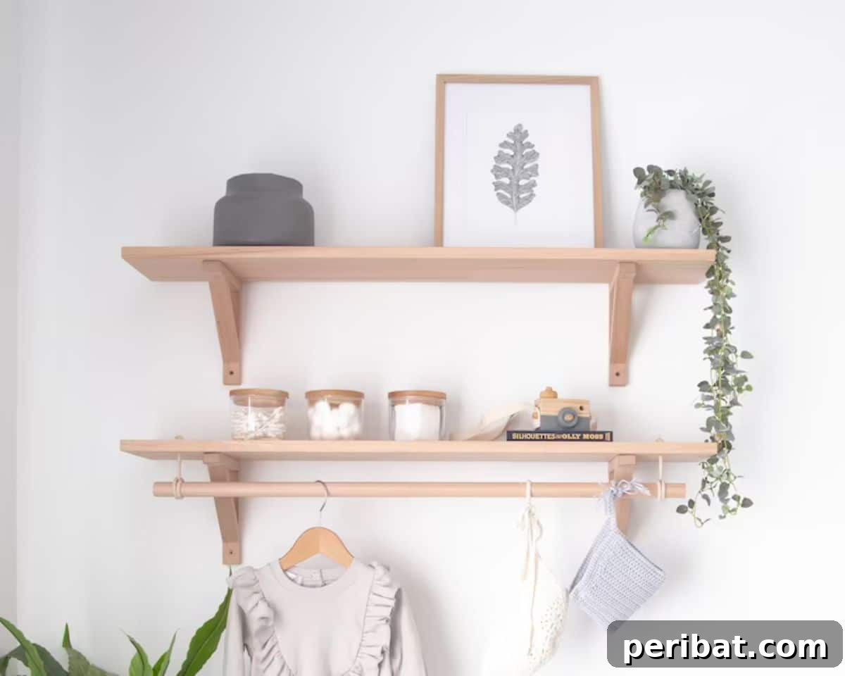 Bookshelf with an integrated hanging rod for scarves or craft supplies.