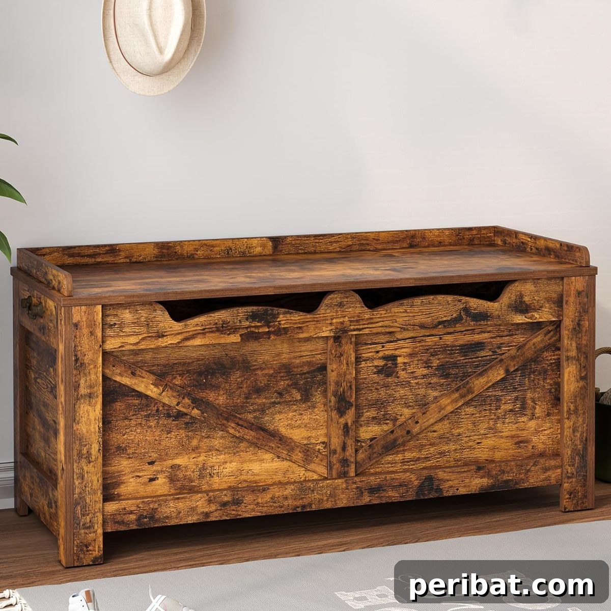 Rustic wooden chest with a lift-top lid, suitable for blankets or scrapbook storage.
