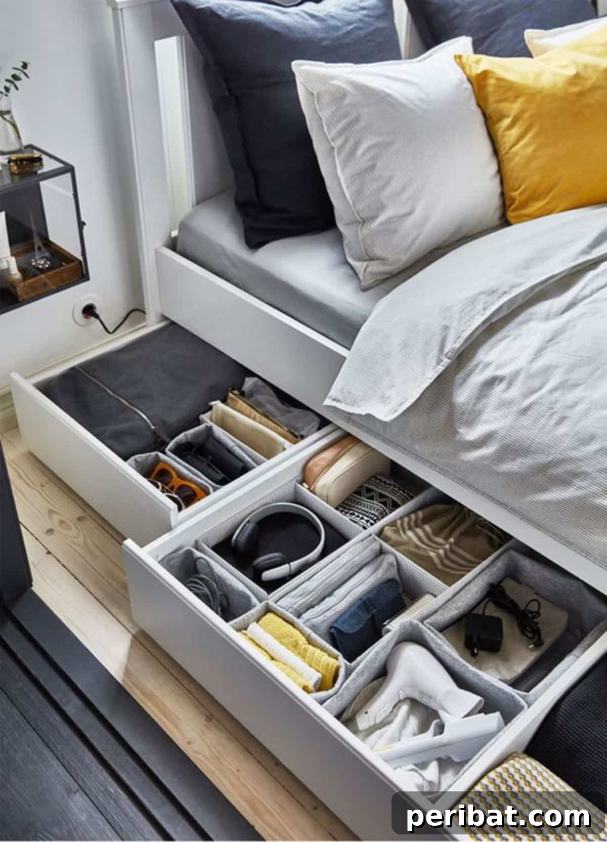 Sliding under-bed drawer for maximizing bedroom storage space.