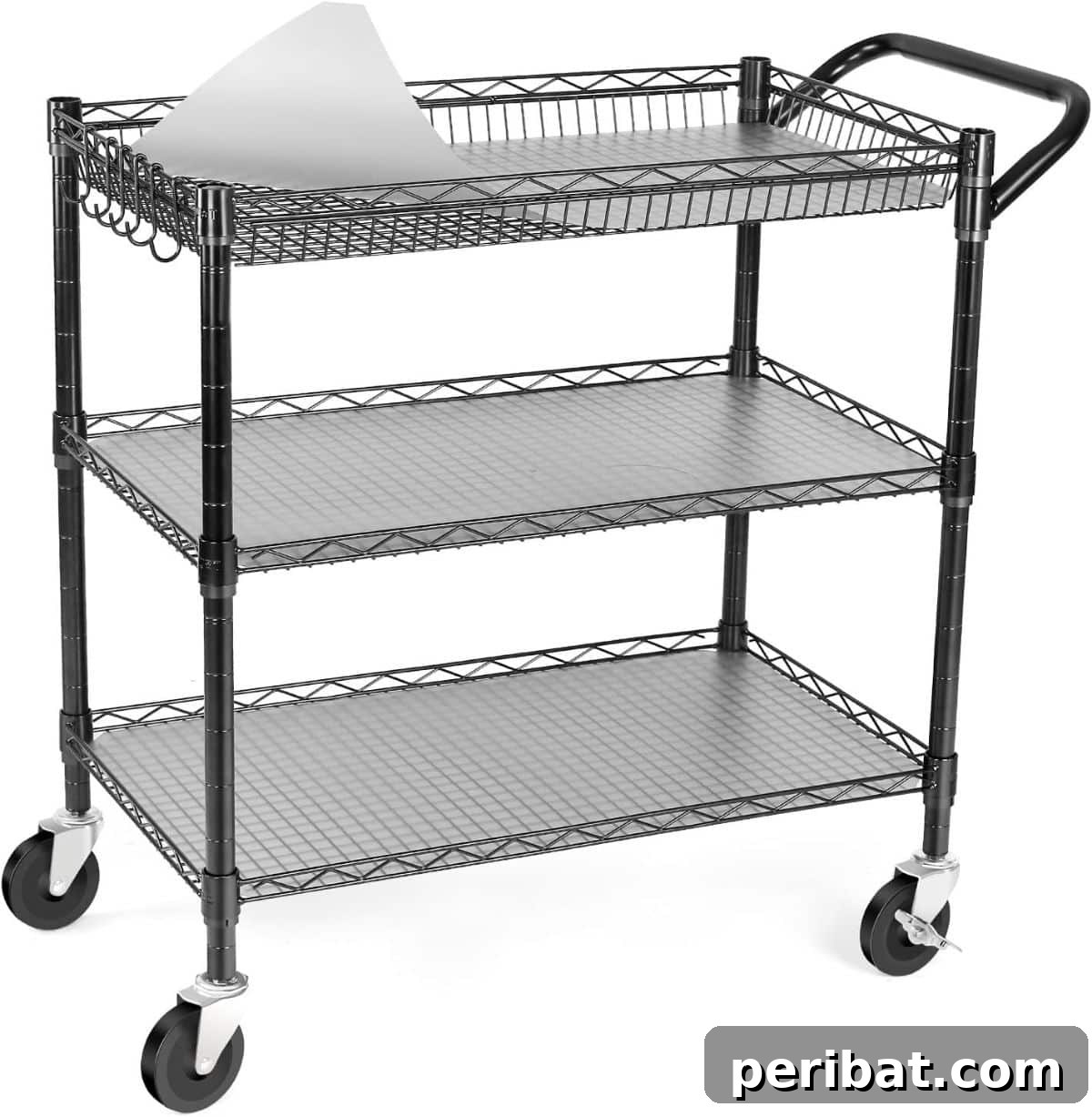 Rolling utility cart with multiple shelves for craft supplies or tools.
