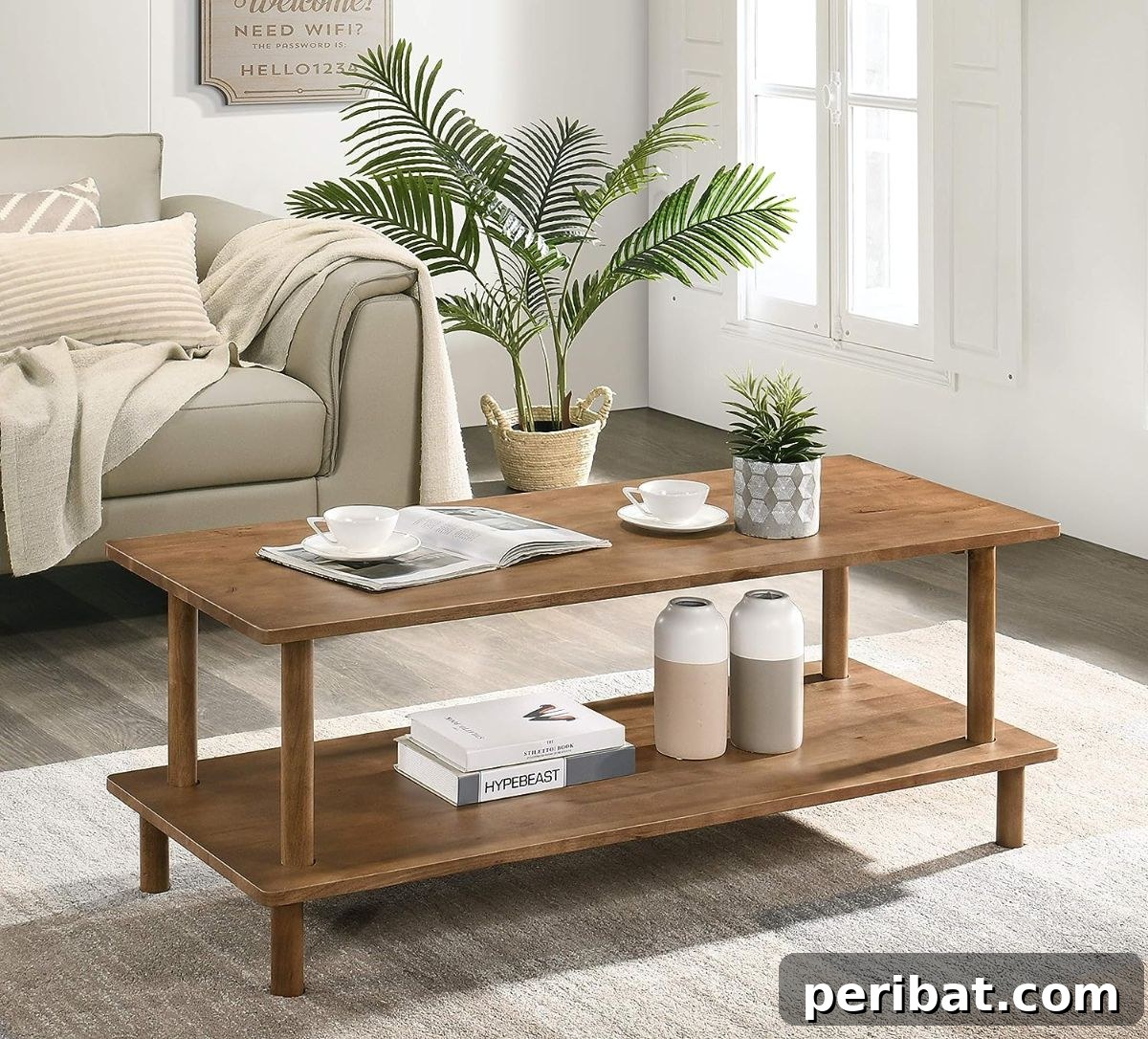 Modern coffee table with open storage shelves for books and decorative items.