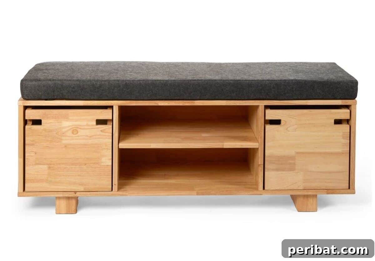 Elegant storage bench in an entryway, offering seating and hidden storage.