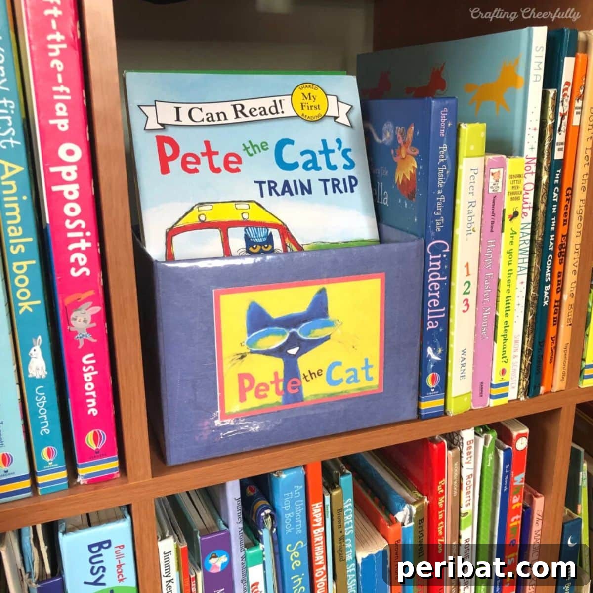 Colorful DIY book bin designed for children's books, also suitable for craft storage.