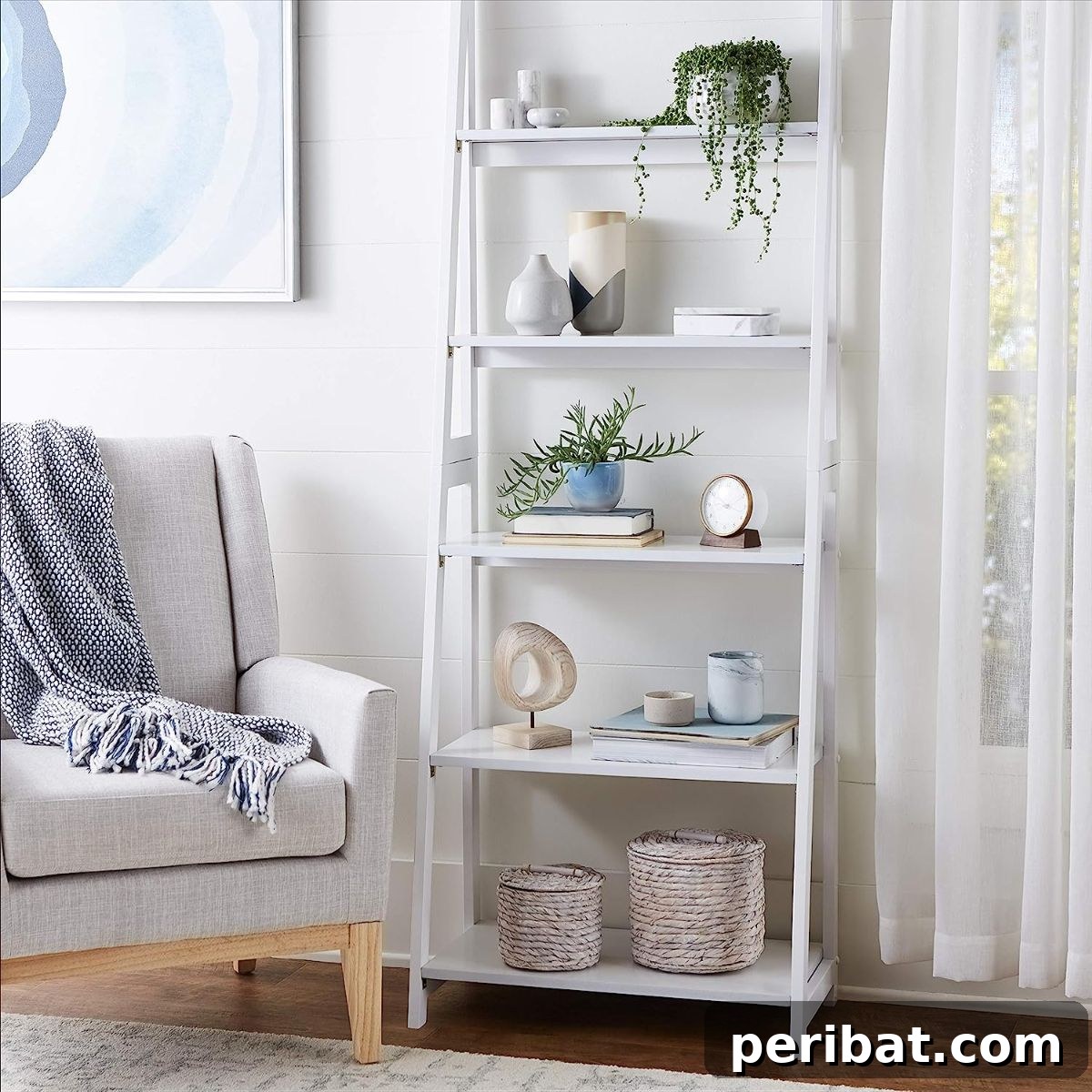 Rustic wooden display ladder or bookshelf, perfect for books, plants, and decorative items.