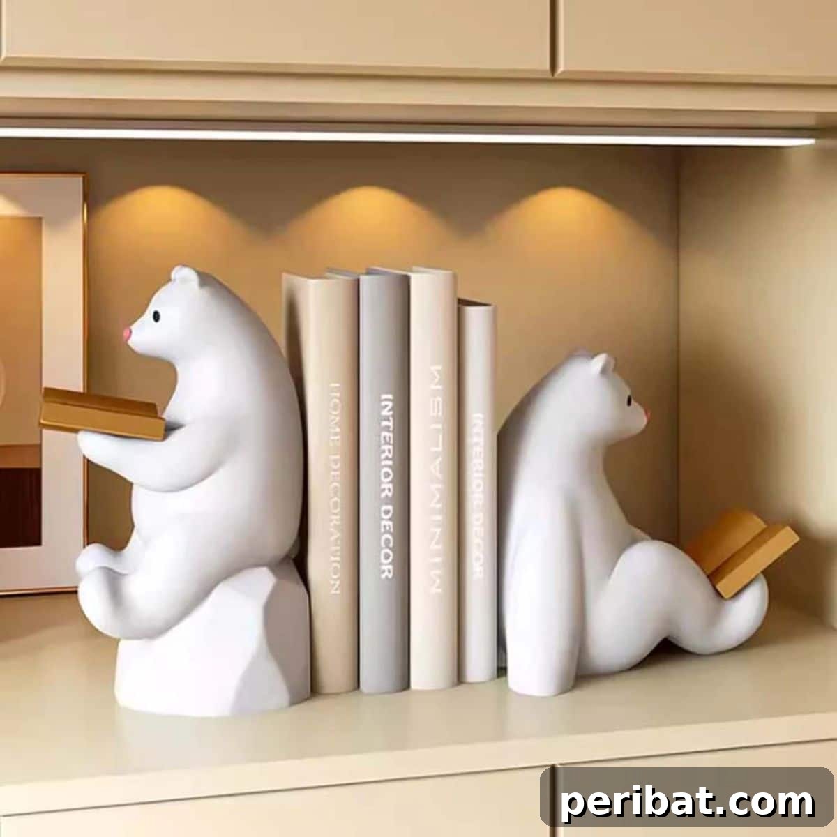 Charming animal bookend holding up a stack of books and scrapbooks.
