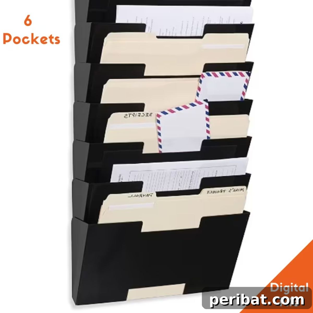 Wall-mounted hanging file container, ideal for scrapbook paper and documents.