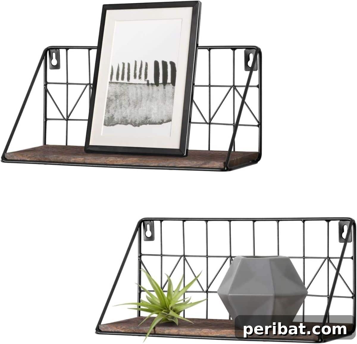 Modern floating wall shelf displaying scrapbooks, magazines, and photos.
