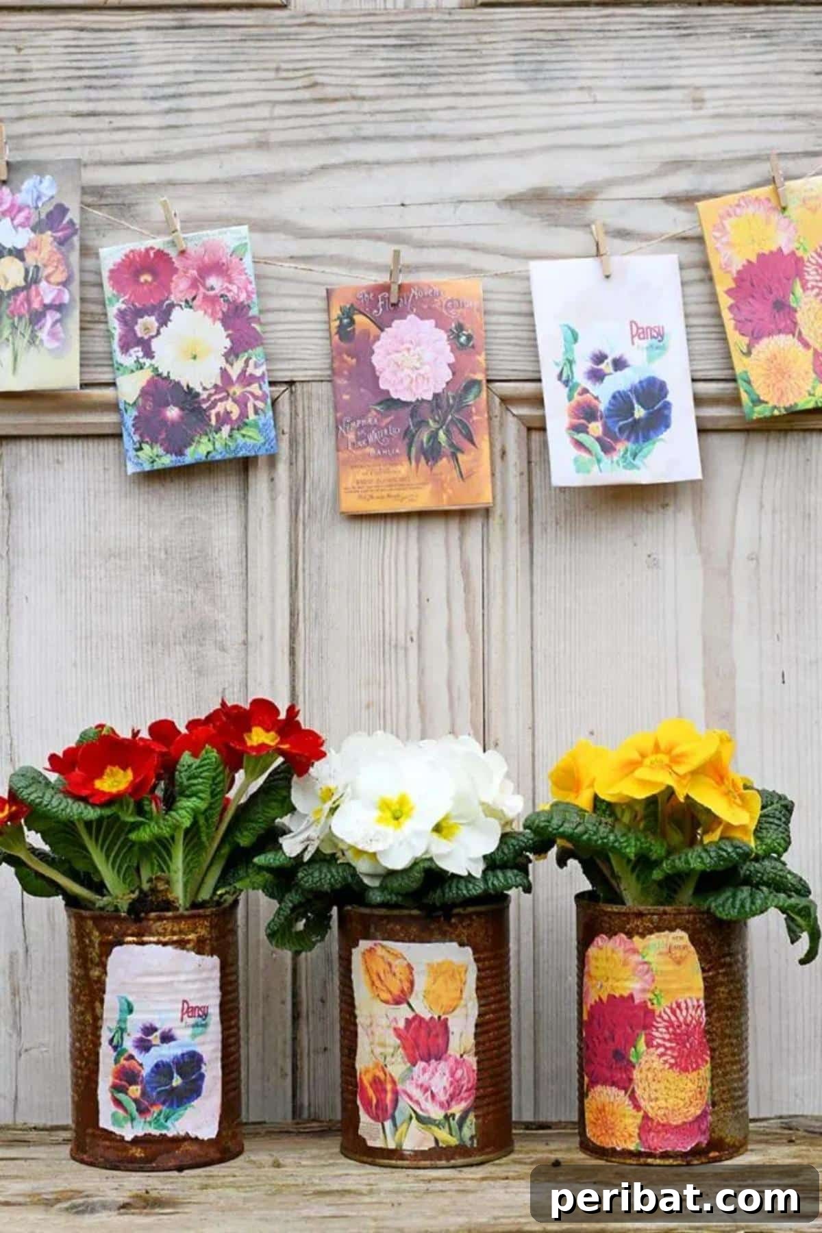 50 Plant Display Ideas: DIY Projects and Product Picks 11 Decorative planters adorned with vintage seed packet designs