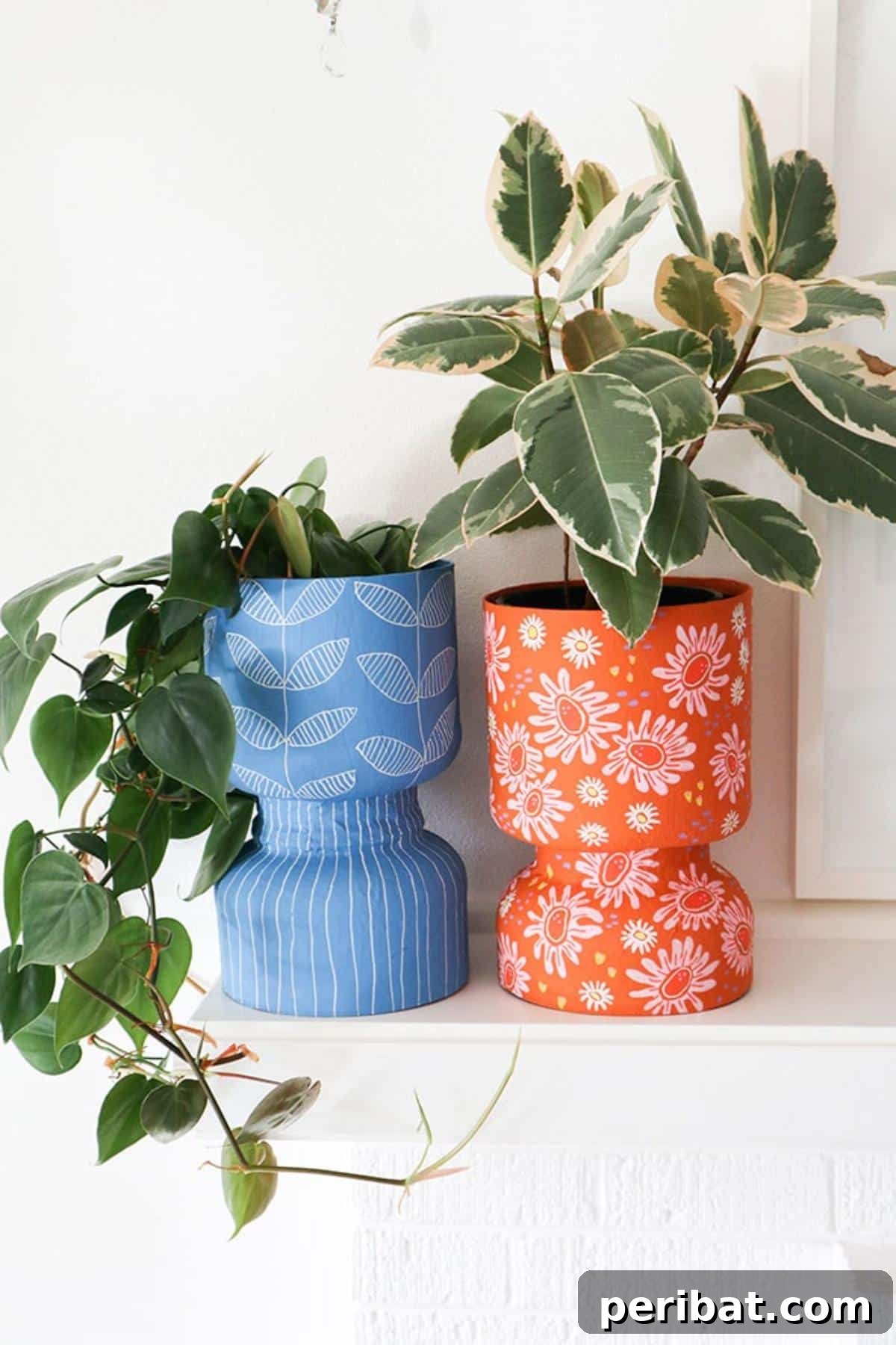 50 Plant Display Ideas: DIY Projects and Product Picks 43 Charming protein powder tub planter decorated with fabric