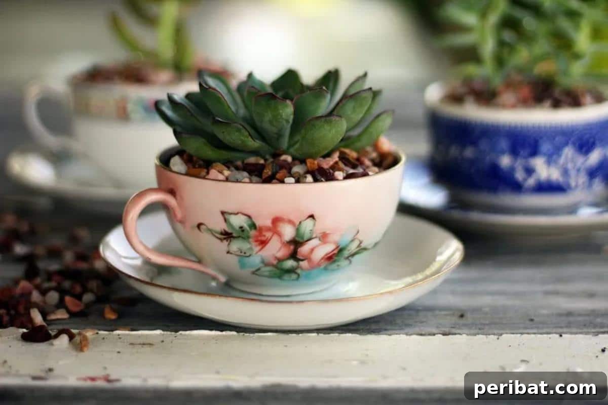 50 Plant Display Ideas: DIY Projects and Product Picks 44 Delicate teacup planters holding small succulents