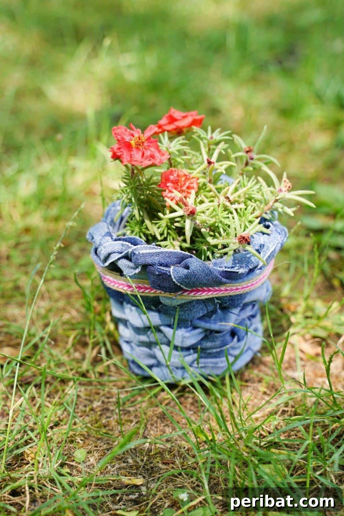 50 Plant Display Ideas: DIY Projects and Product Picks 7 Rustic planter cover made from woven scrap denim