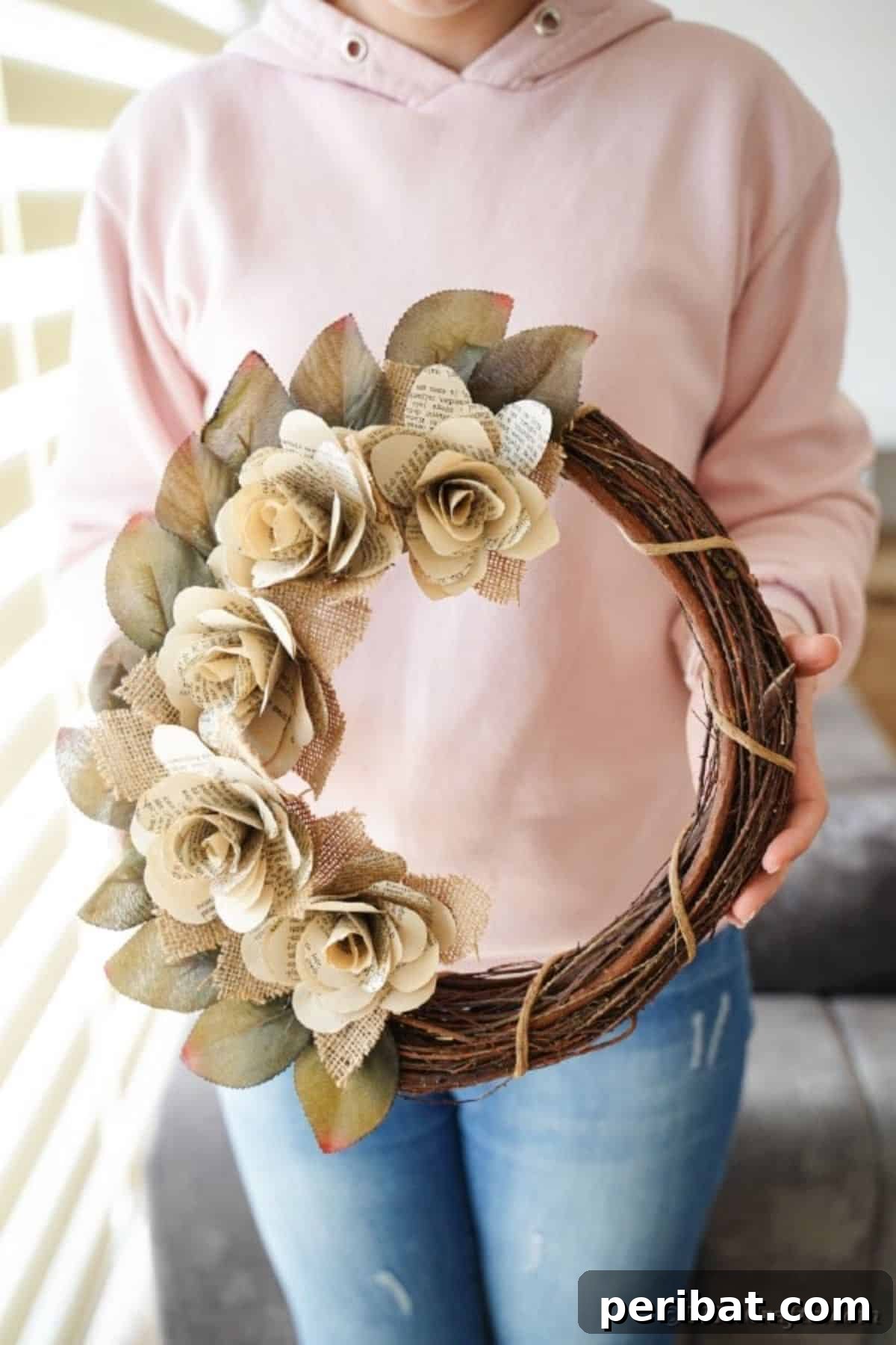 Rustic Burlap Book Page Rose Wreath