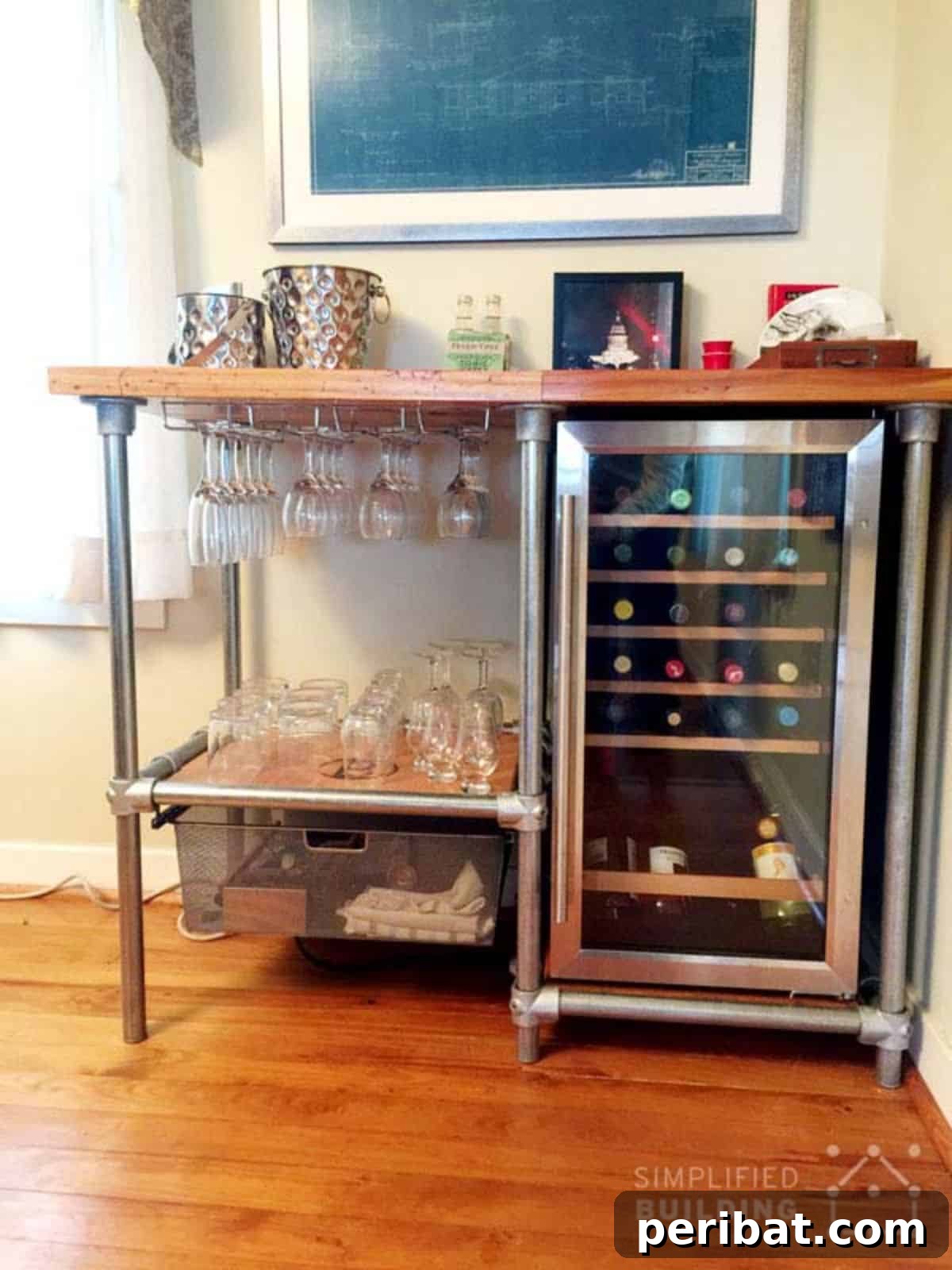 DIY Bar Cart with Wine Fridge Built with Pipe
