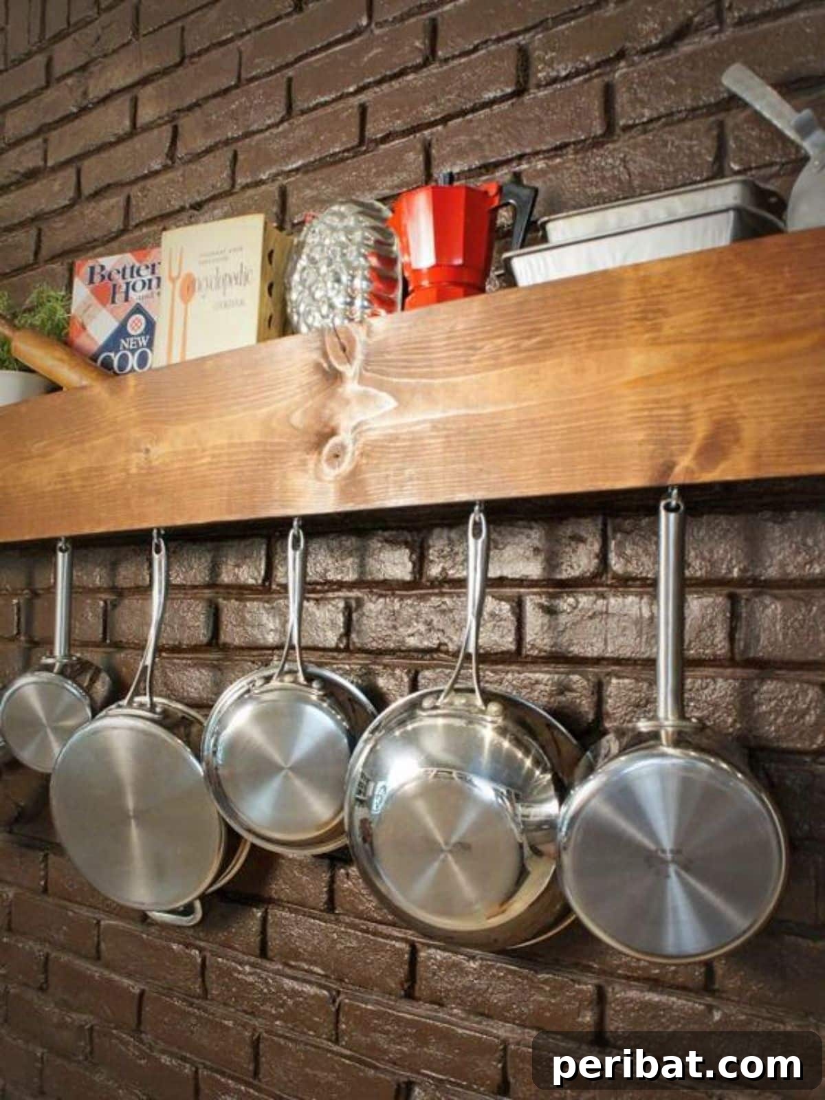 43 Brilliant DIY Pot Rack Projects 11 Unique DIY kitchen storage shelf and pot rack for cookbooks and cookware.