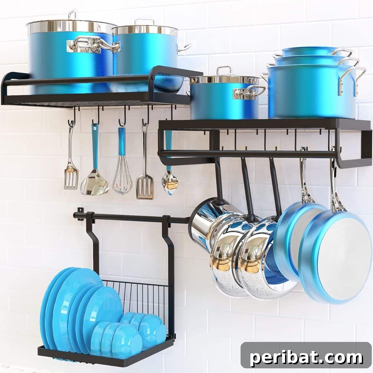 43 Brilliant DIY Pot Rack Projects 17 Efficient 3-in-1 wall-mounted pan holder for tidy kitchen organization.