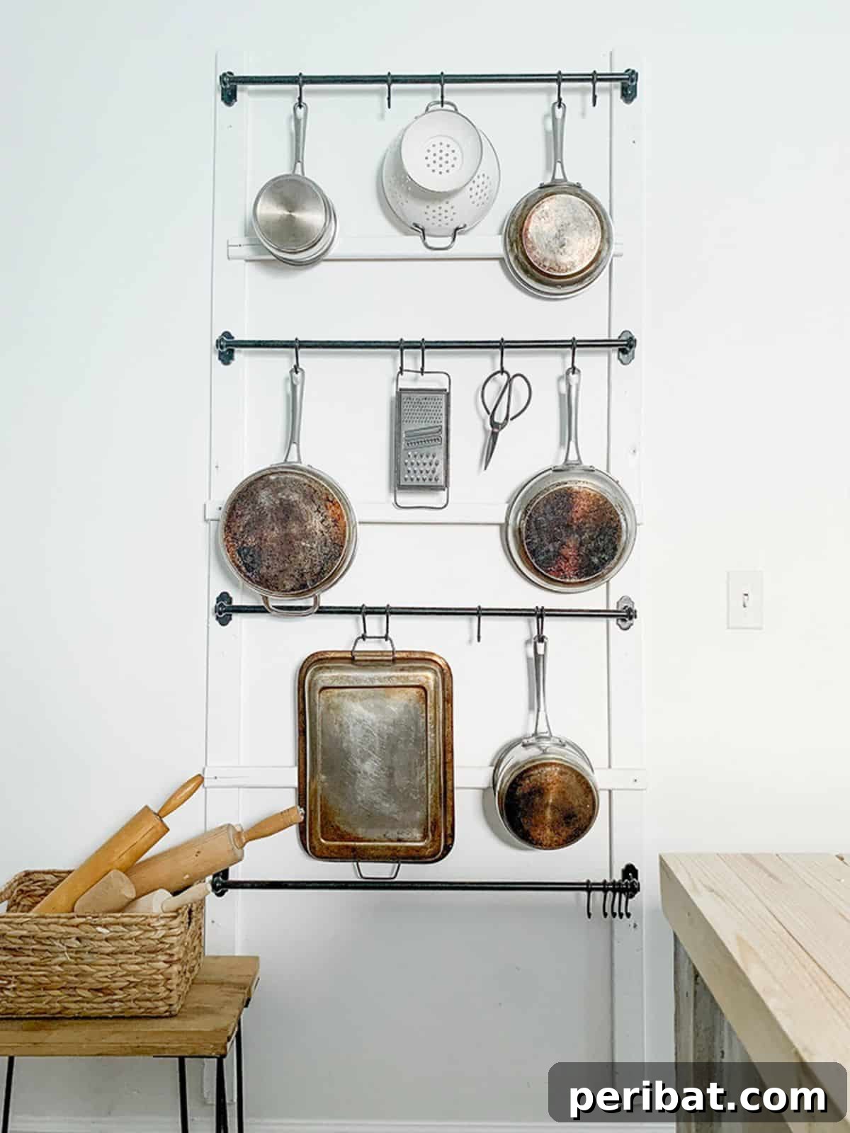 43 Brilliant DIY Pot Rack Projects 18 Charming DIY farmhouse kitchen pot rack using rails and S hooks.