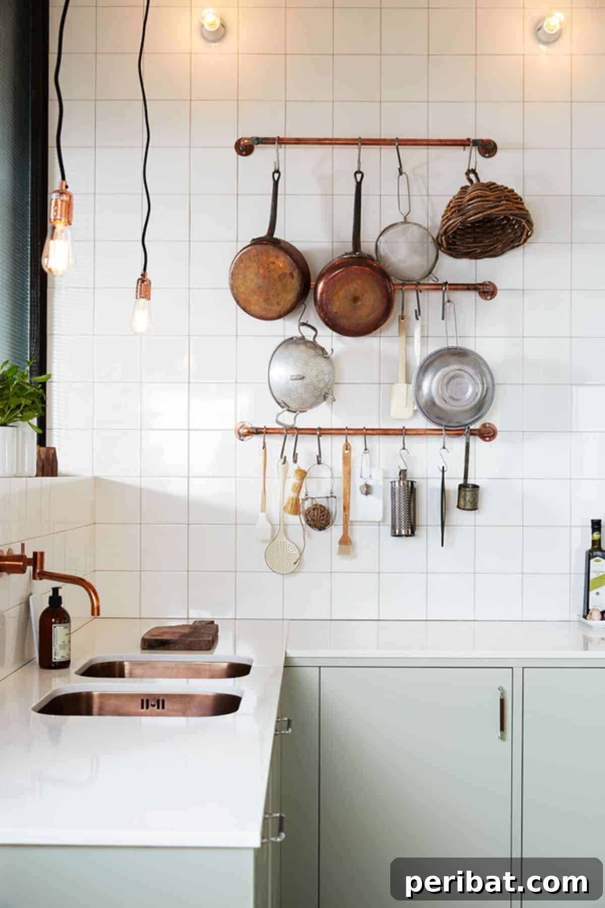 43 Brilliant DIY Pot Rack Projects 5 Rustic copper pipe pot rack for an intentional, finished look.