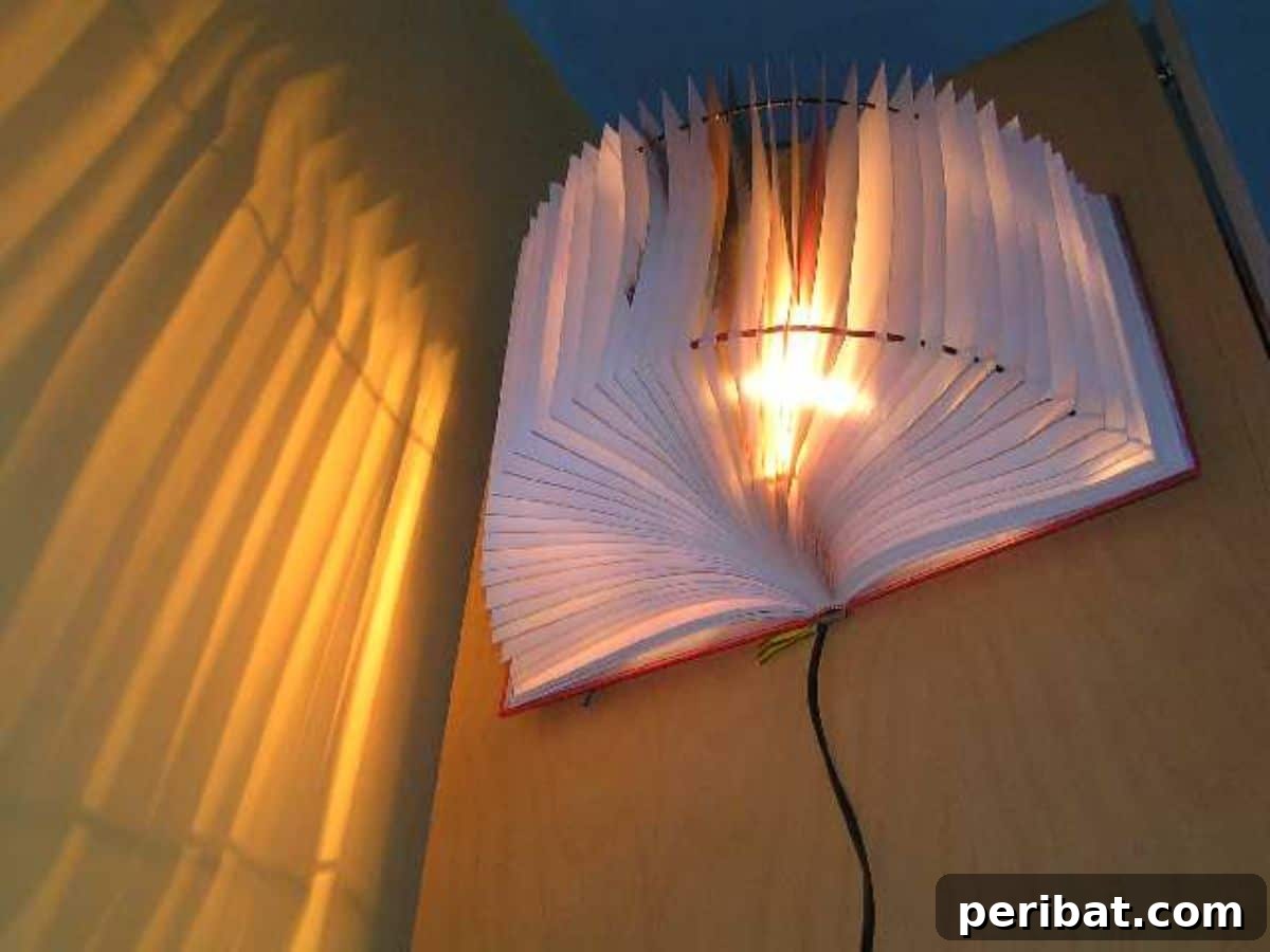 Artsy DIY recycled book lampshade for cozy indoor lighting.