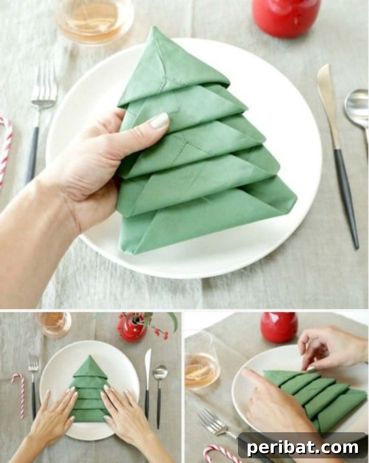 Deck Your Table: Napkins Transform into Christmas Trees 15 Amazing Folding Technique Turns Your Napkins into Christmas Trees - A close up of the layered design