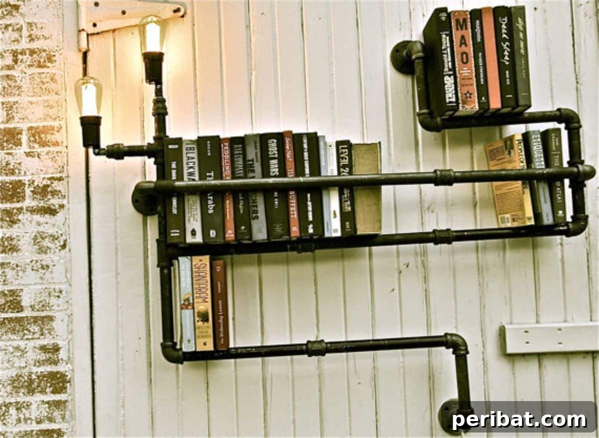 DIY Steampunky Pipe Bookshelf with Industrial Pipes and Light Bulbs