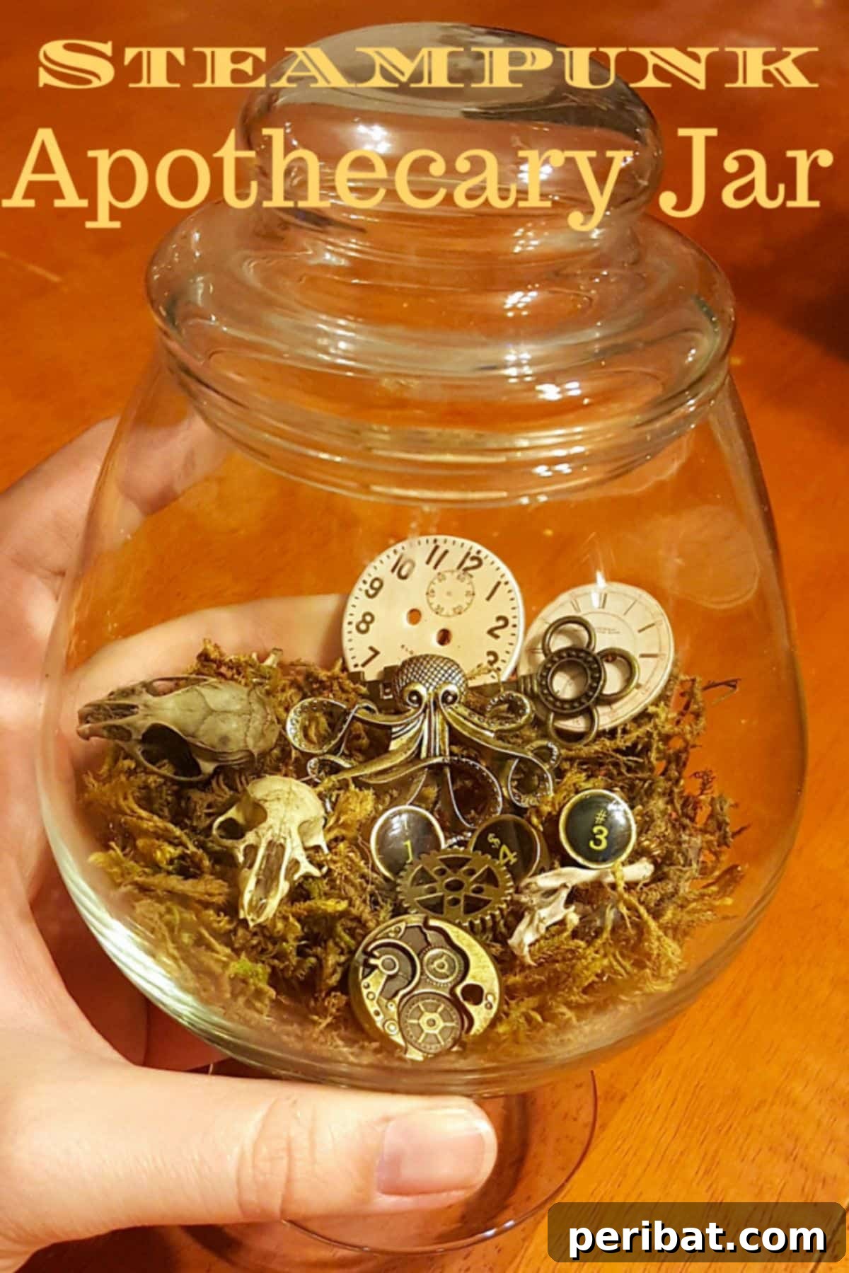 DIY Steampunk Apothecary Jar with Vintage Keys and Clock Parts