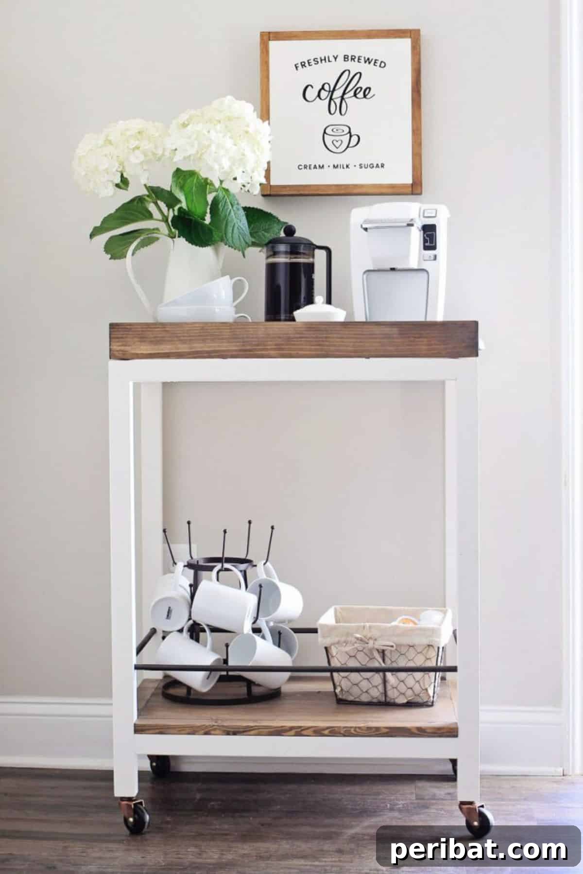 DIY Coffee Bar Cart - Rustic Wood and White Decor