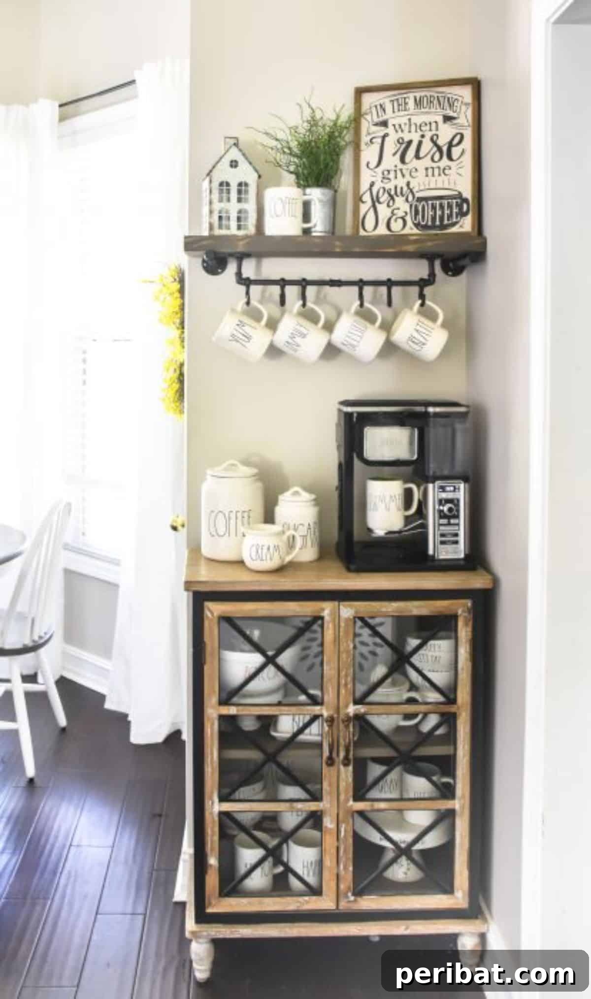 Farmhouse Coffee Bar with DIY Floating Shelf and Mug Rack