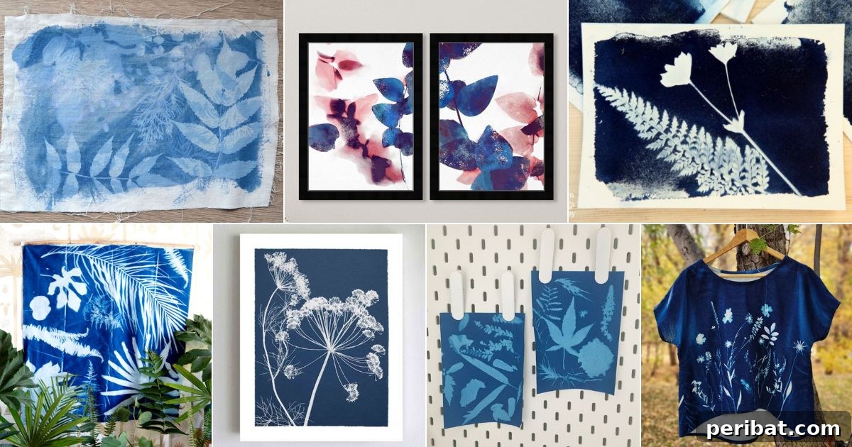 Solar Artistry: 20 DIY Printmaking Ideas 2 20 DIY Solar Printing Ideas and Products facebook image. A collage of various cyanotype art projects including lampshades, fabric prints, and wall art.
