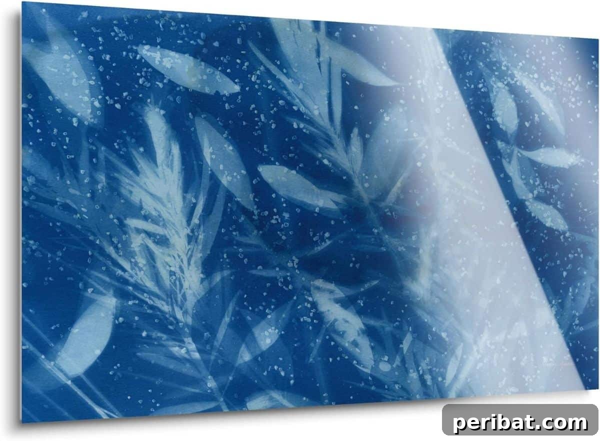 Solar Artistry: 20 DIY Printmaking Ideas 19 Cyanotype Modern Glass wall art featuring a vibrant tropical cyanotype print.